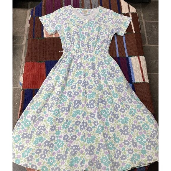 Vintage LL Bean 12 Reg Women's Dress Button Front Short Sleeve Midi Hong Kong - Picture 1 of 5